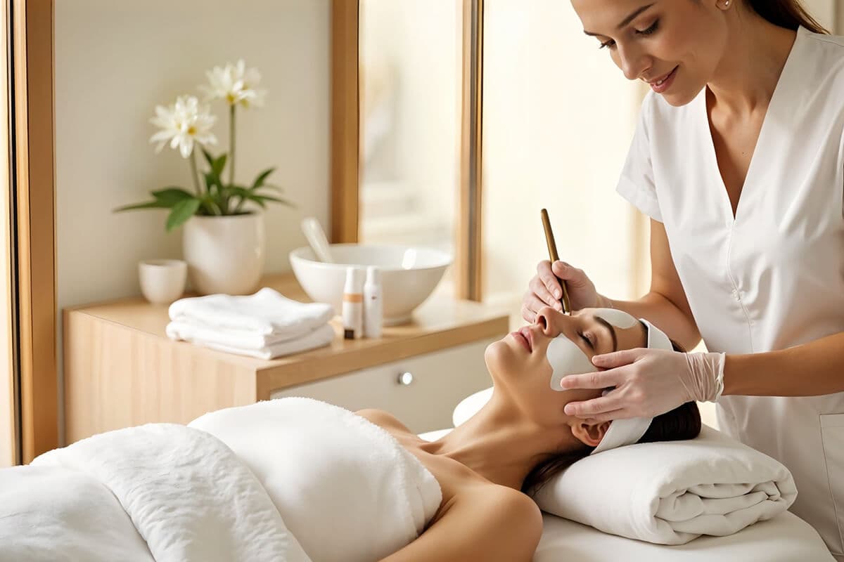 Therapist applying a botanical mask during a facial treatment