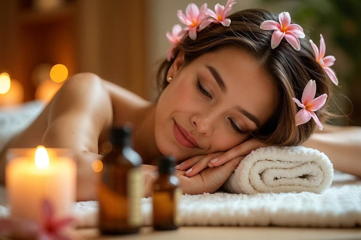 Guest resting with plumeria flowers in her hair beside massage oils