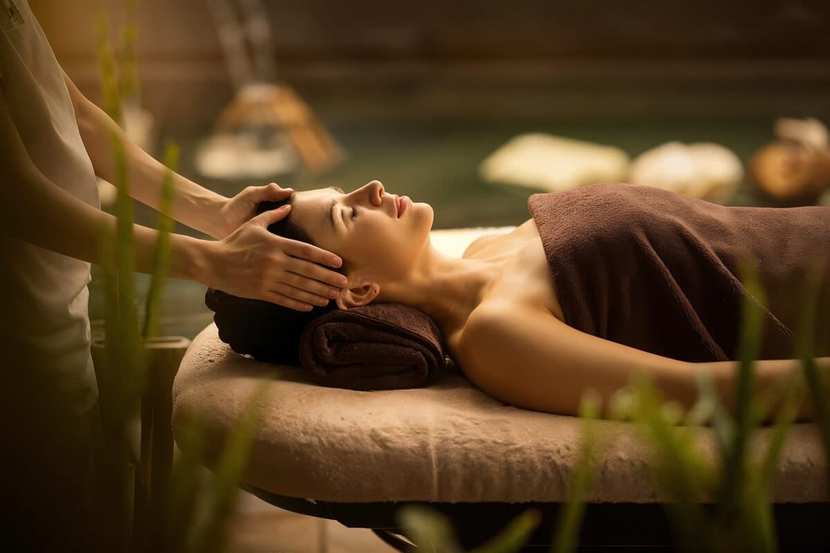 Therapist giving a scalp massage in a garden-adjacent suite