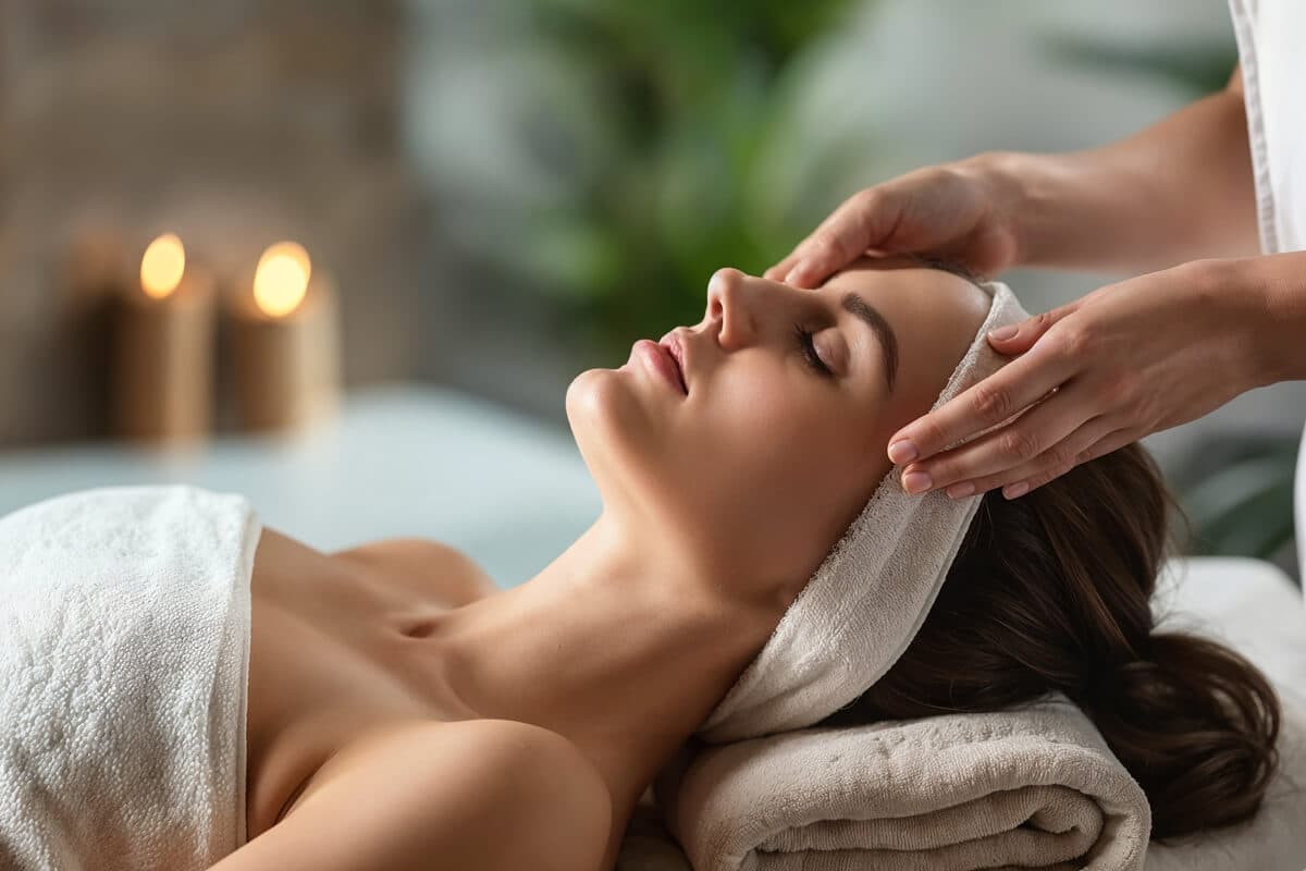 Therapist massaging a guest's temples beside candlelight