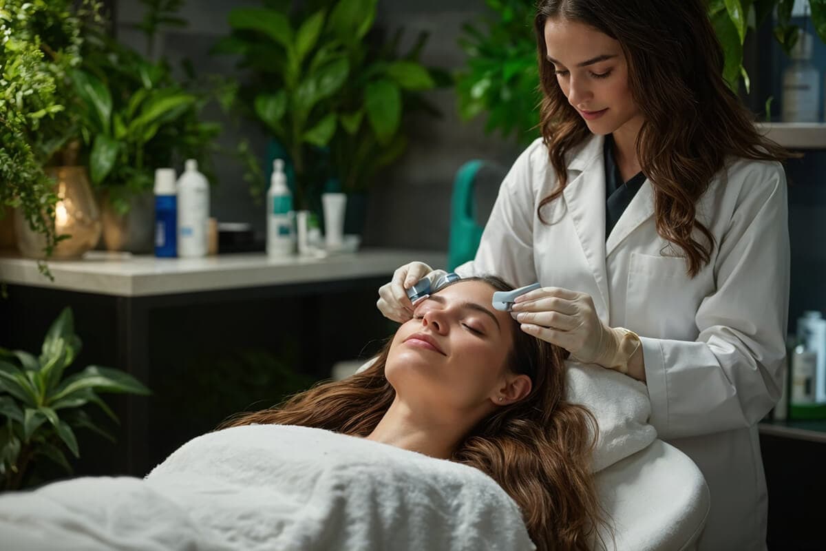 Esthetician using a botanical skin device during a facial