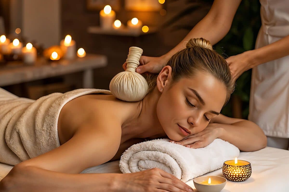 Guest receiving a warm herbal compress massage by candlelight