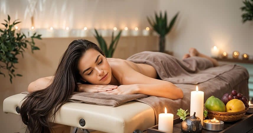 Relaxation lounge with candles and fresh fruit
