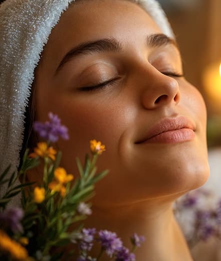 Guest resting during a facial treatment, surrounded by fresh flowers